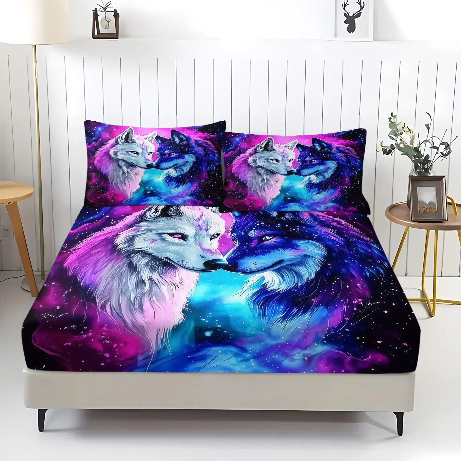 Moonlight Wolf Printed Bed Sheet Set, 1 Bed Sheet With 2 Pillowcases (Excluding Pillow Core), Suitable For Bedrooms, Dormitories, And Guest Rooms, Suitable As Gifts And Decorations