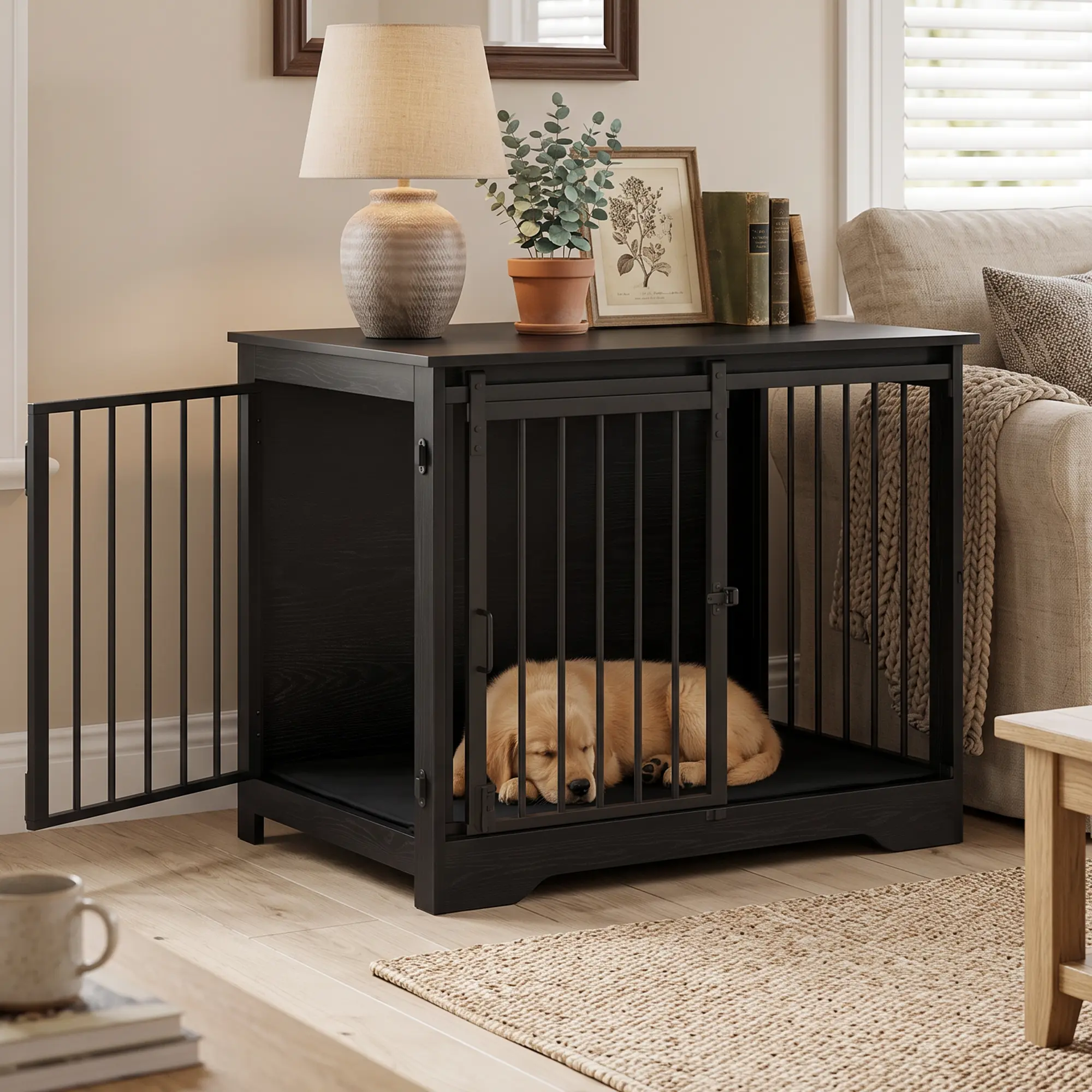 Hzuaneri 31.9" Dog Crate Furniture with Barn Door, Heavy Duty Dog Kennel Indoor with 2 Doors, Wooden Pet Cage End Table for Small Medium Dogs up to 44 lb, Anti-Chew Anti-Escape