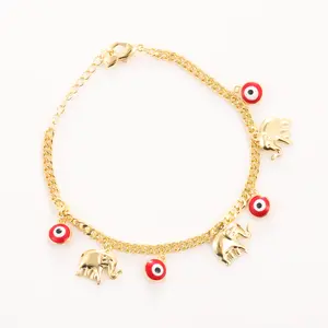 14K Gold Plated Evil Eye Elephant Charm Bracelet for Women, Adjustable Lucky Protection Amulet Jewelry