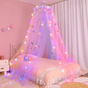 Bed Canopy for Girls Room Bed Canopy Curtains with Led Lights Mosquito Net DIY Princess Room Decor with Stars Butterflies for  Bedroom, Rainbow