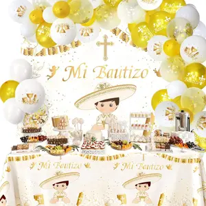 Mi Bautizo Party Decorations SetBaptism Decorations Set Mi Bautizo Backdrop and Mi Bautizo Tablecloths and Balloon Arch Garland for Boys First Holy Communion Baptism Christening God Bless Decoration
