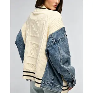 Unique Denim Patchwork Cable Knitted Coat Soft Breathable Medium Fit Sweater Jacket for Casual Outings Women's Knitwear Cardigan