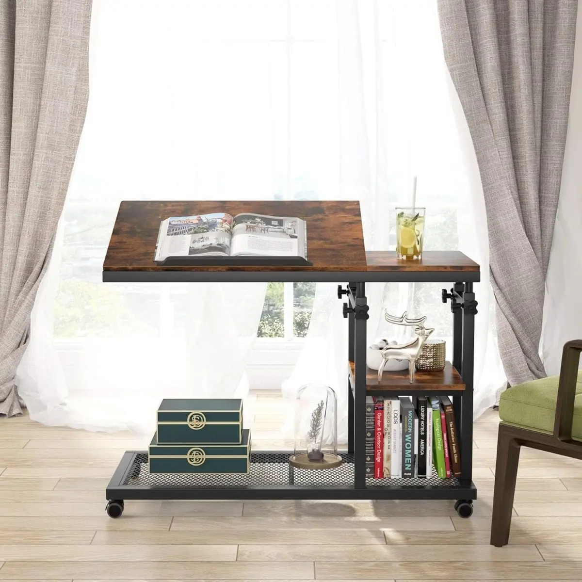 212 MAIN 32 in. Heavy Duty Adjustable C-Shaped End Table - Modern Indoor Sofa Table with Wheels, Tilting Top, Side Pocket, Storage Shelf, Rustic Brown for Laptops, Snacks, Heavy Duty Table