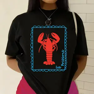 Les Poissons' French Lobster Retro Print T-shirt Seafood Lover Style Casual Top