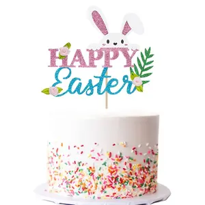 This bunny cake decoration, birthday party supplies, glitter paper, baking cake insert, flag insert, topper, dessert table set