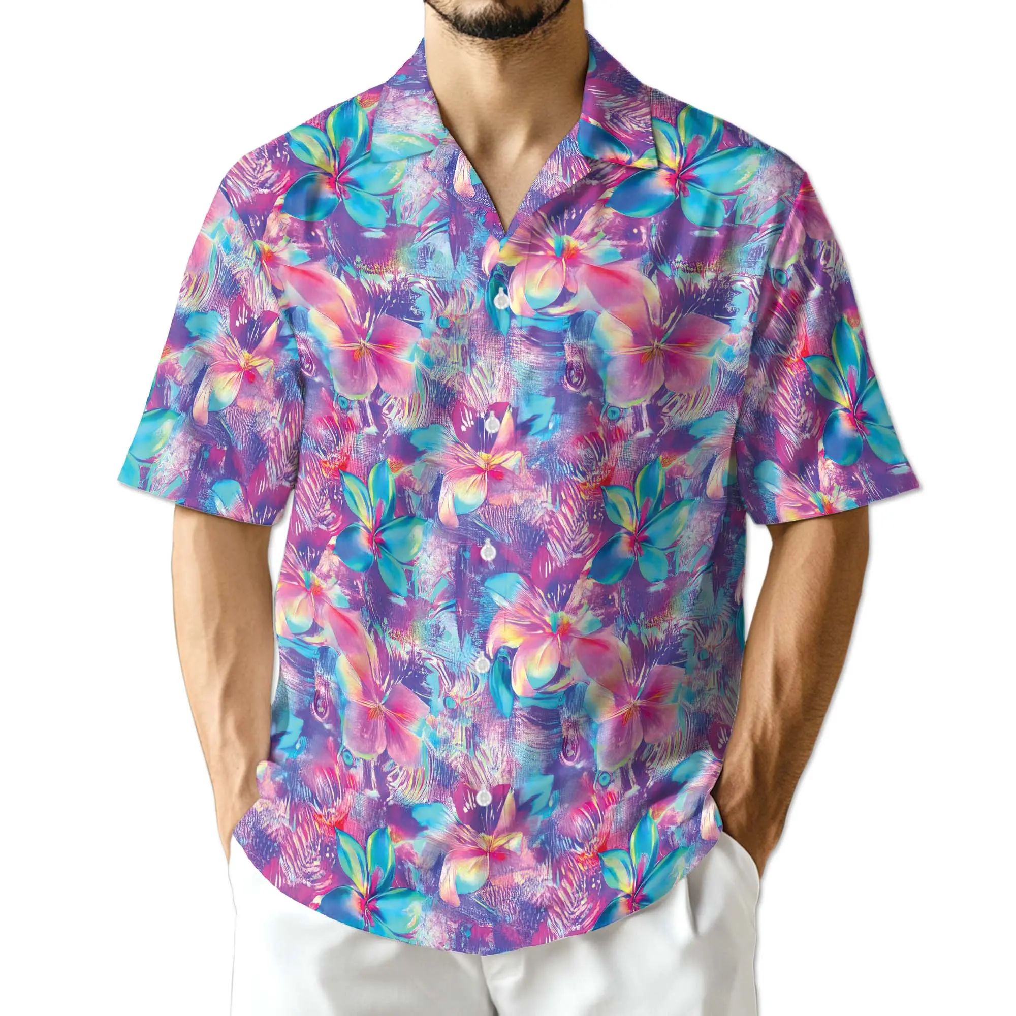 Neon Flower Hawaiian Shirt for Men Women, Button Down Summer Beach Short Sleeve, Tropical Style, Sizes S-5XL