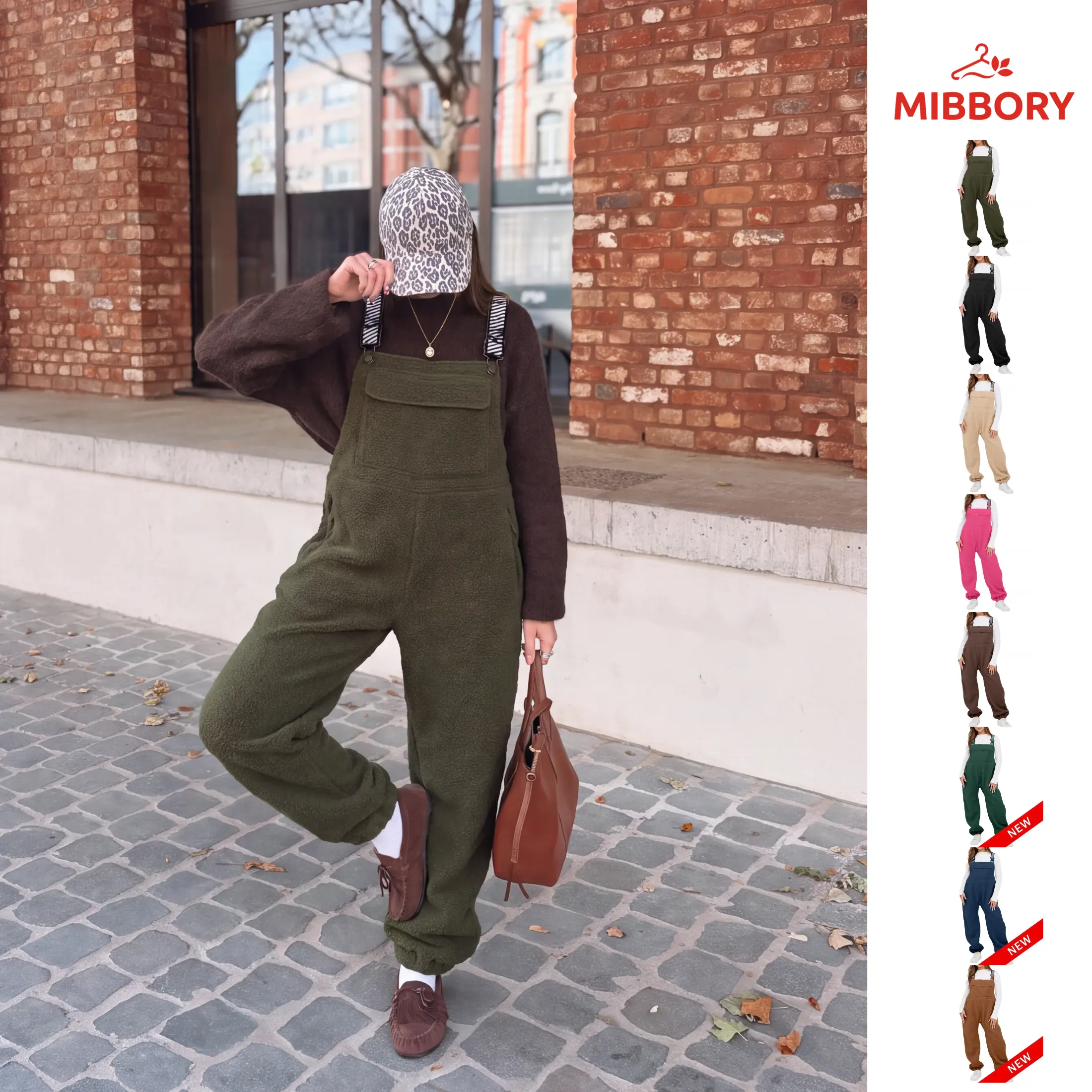 Mibbory Women's Soft Fleece Sherpa Solid Overalls - 2026 Winter Fashion Loose Warm Jumpsuits, Adjustable Elastic Straps, Front Chest Pocket, Side Zippers, Elastic Cuff Hem, Cozy Fit for Casual Ski Wear (Overalls for Women)