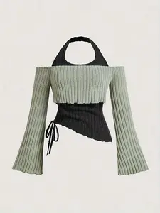 Women's Colorblock 2 in 1 Backless Halter Crop Knit Top, Asymmetrical Flounce Sleeve Drawstring Adjustable Top for Daily Wear, Ladies Clothes for All Seasons, Cute Tops