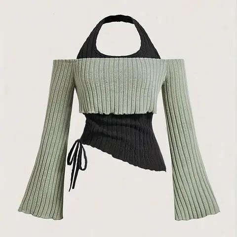 Women's Colorblock 2-In-1 Backless Halter Neck Crop Knit Top, Asymmetrical Flounce Long Sleeve Drawstring Adjustable Fit Top for Daily Wear, Ladies' Clothes for All Seasons, Cute Tops, Casual Chic Knitwear, Knitwear For Fall