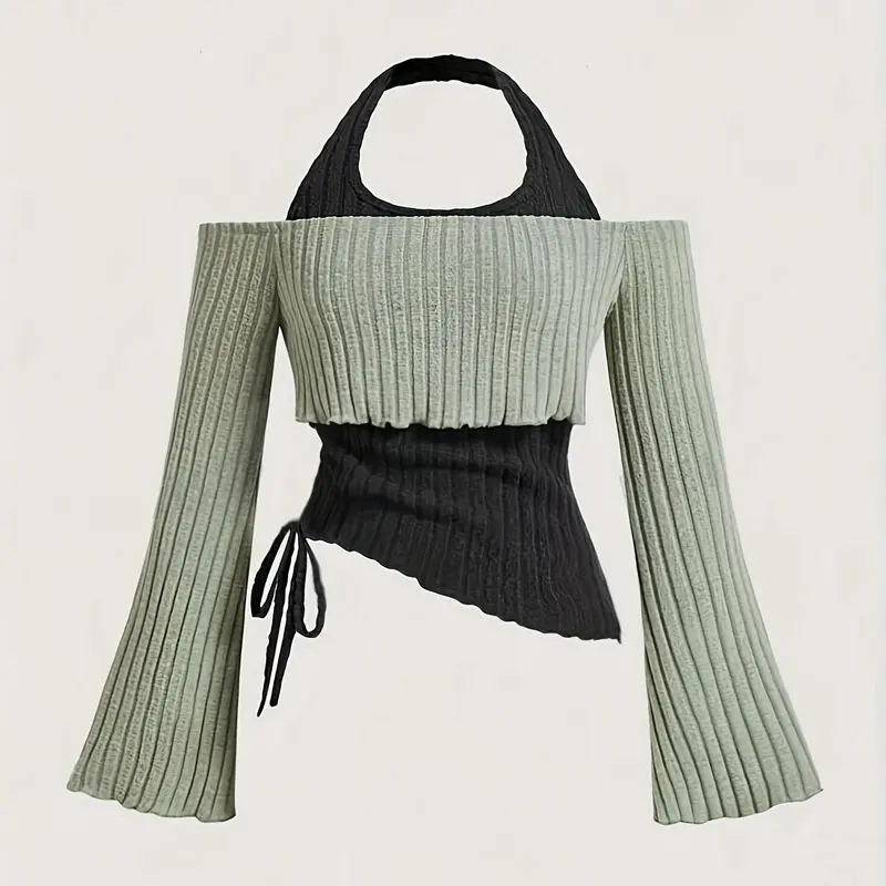 Women's Colorblock 2-In-1 Backless Halter Neck Crop Knit Top, Asymmetrical Flounce Long Sleeve Drawstring Adjustable Fit Top for Daily Wear, Ladies' Clothes for All Seasons, Cute Tops, Casual Chic Knitwear, Knitwear For Fall
