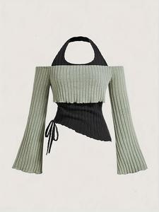 women's colorblock 2 in 1 backless halter crop knit top, elegant asymmetrical flounce sleeve drawstring top for daily wear, ladies clothes for all seasons, cute tops