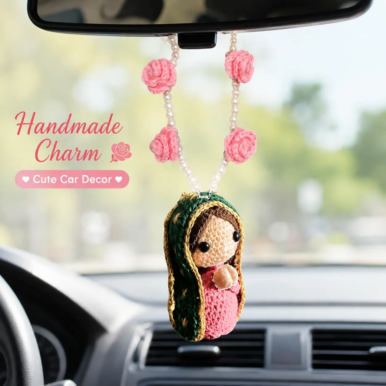 Crochet Hanging Ornament - Handmade Virgin Mary Amigurumi Doll with Pearl Beads & Knitted Flower Chain, Cute Blessed Religious Charm for Handbag, Backpack, Car Mirror, Wall & Room Decor, Spiritual Blessing Gift for Women, Mom & Friends