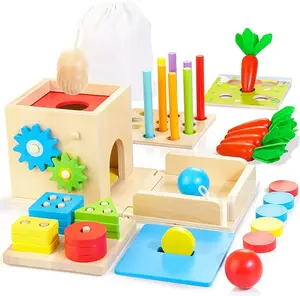Montessori Baby Toys, 8-in-1 Wooden Play Kit with Object Permanent Box, Coin Box, Carrot Harvest, Shape Sorting & Stacking, Christmas Birthday Gift