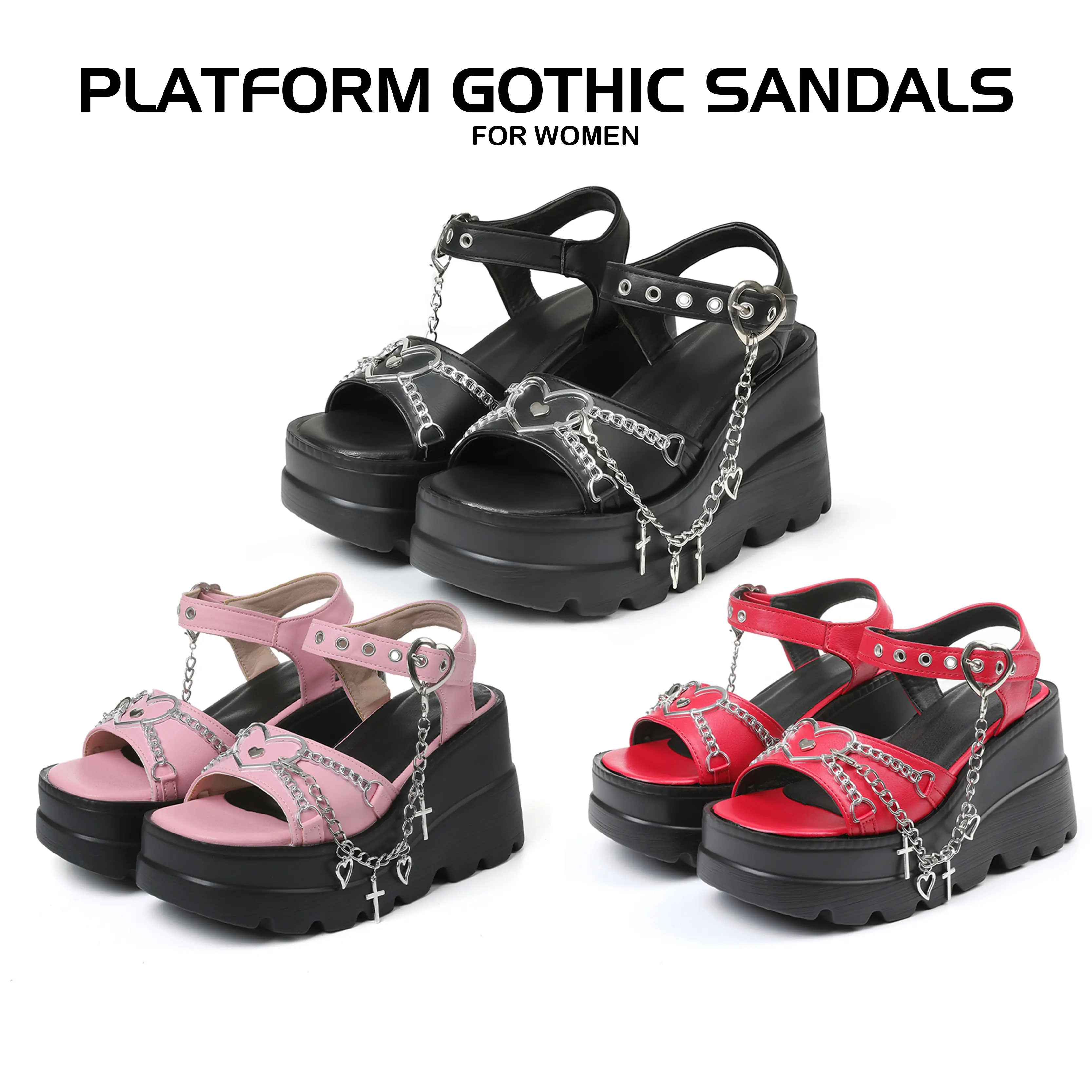 CYNLLIO Womens Platform Sandals Gothic Punk Heart Chain Buckle Comfortable Peep Toe Ankle Strap Wedge Heel Sandals Casual Party Dress Shoes Thick Heeled Summer Sandal