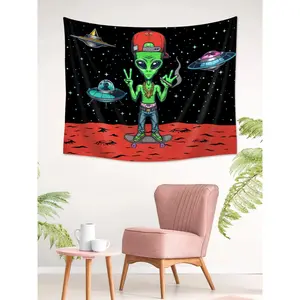 1pc Alien Pattern Tapestry, Cartoon Planet & Spaceship Print Hanging Blanket For Home Decoration, Flag For Room, Room Decor, Tapestry, Wall Decor, Wall Art, Room Stuffs, Flags For Room, Tapestry Wall Tapestry Vintage Heated Rivalry