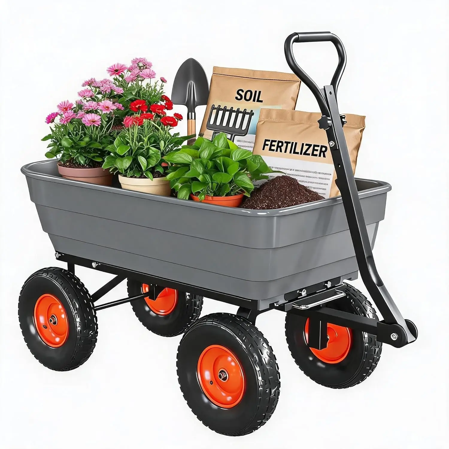 Heavy-Duty Garden Wagon Cart with 1200 lb Capacity, 13" Deep Tread Wheels, 13 inches Tires, Tow with 270° Turn for Yard Work, Landscaping