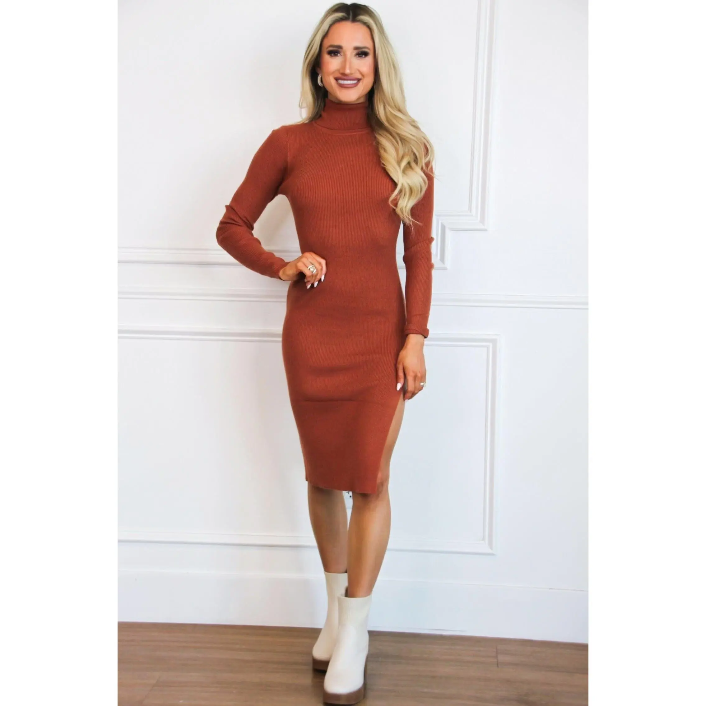 Aiko Turtleneck Sweater Dress: Rust