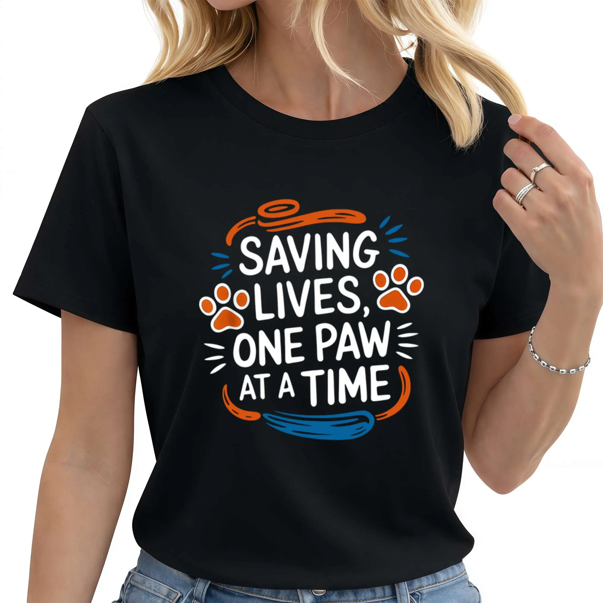 Women'S Pet Rescue Graphic T-Shirt - "Saving Lives, One Paw at a Time" Design, Black Short Sleeve Crew Neck Casual Top for Spring & Summer, Animal Shelter Support Tee