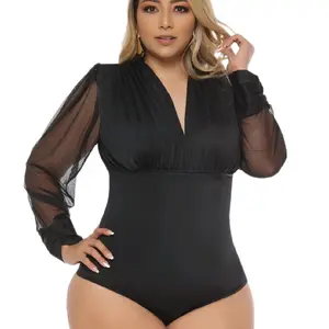 8008 Bodysuits Tummy Control Powernet Body Shaper Compression Shapewear Plus Size with Long Sleeves and V-Neck Womenswear Everyday Outfits