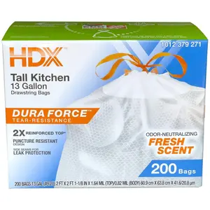 13 Gal Tall Kitchen Trash Bags, Drawstring Closure, Fresh Scent, 200 Count with PCR Content