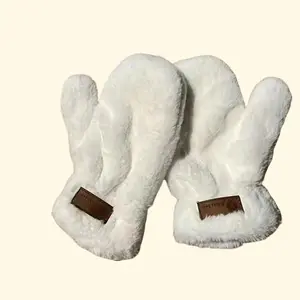 Women's Cozy Plush Winter Gloves - Thick, Soft, and Warm Beige & White Velvet Letter Mittens, One Size Fits All, Perfect for Cold Weather Outings