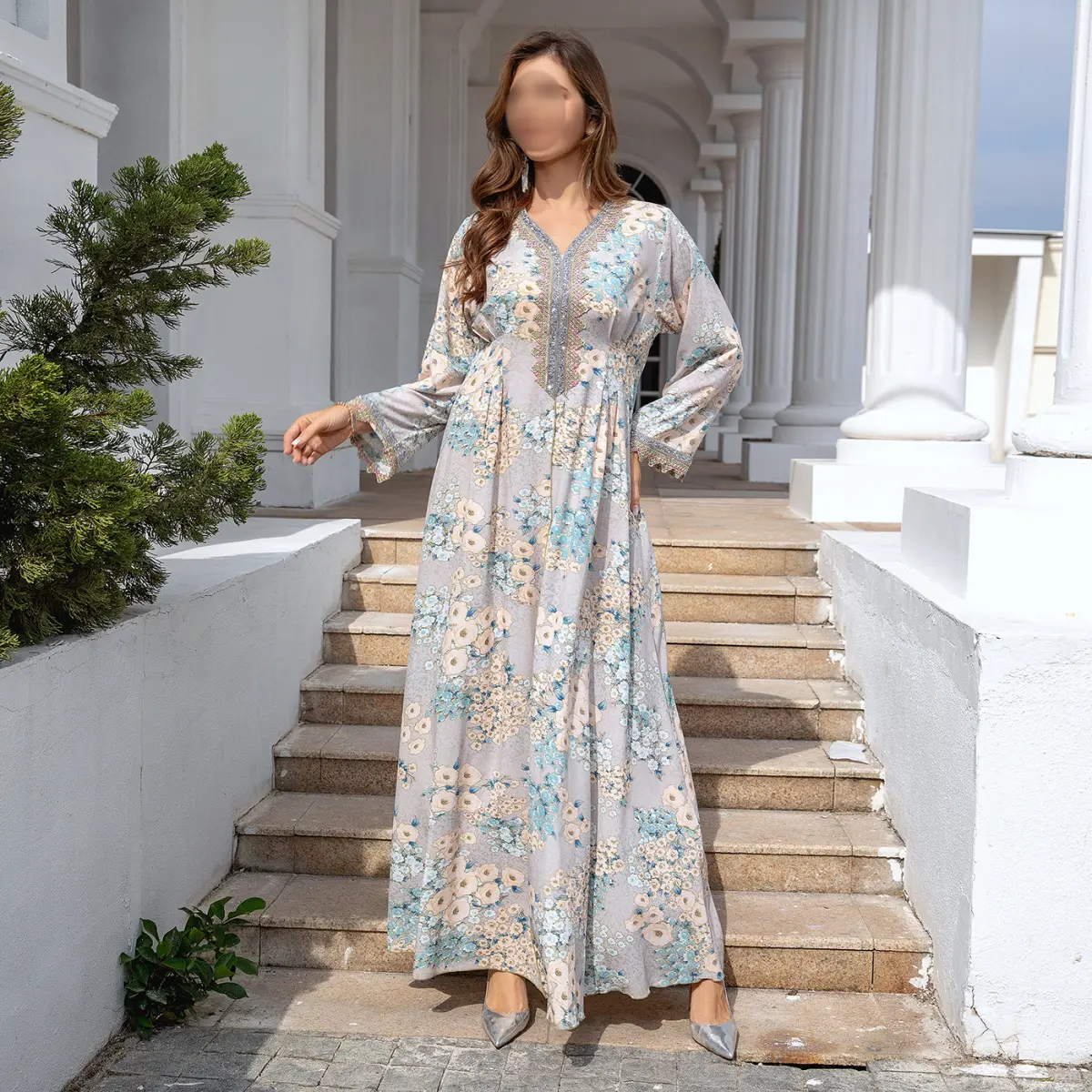 Women's Plus-Size Long-Sleeve Casual Floral Print Loose-Fit Maxi Abaya Dress - All-Seasons Evening Sport & Outdoor Clothing, Sizes M, XXL