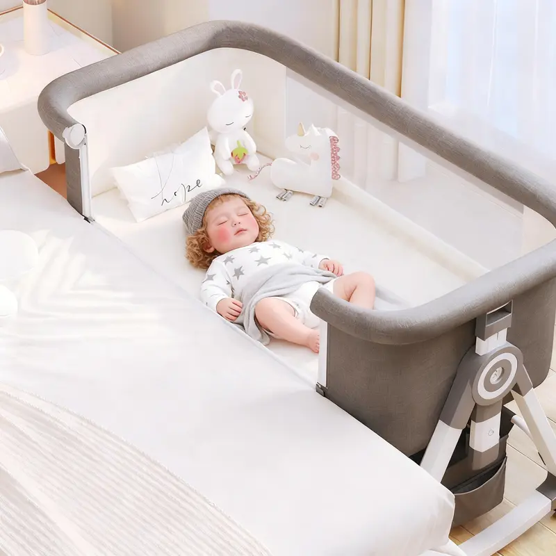 3 in 1 Baby Bassinet Bedside Sleeper with Wheels & Mosquito Net, Adjustable Height Portable Bassinet for Newborn, Rocking Cradle with Breathable Mesh, Comfy Mattress & Large Storage Basket foldable crib bed