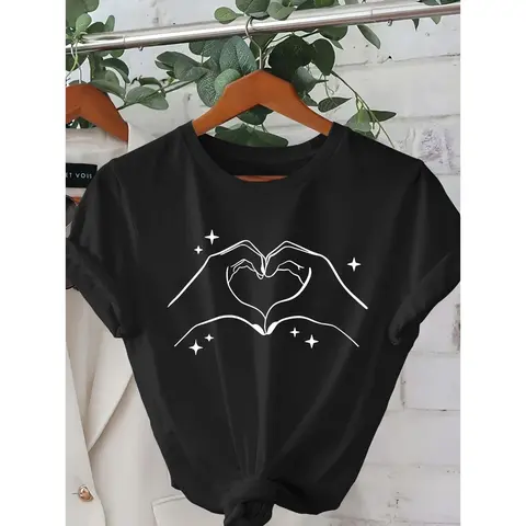Men's heart and hand gesture print Graphic T-Shirt - Short Sleeve Crew Neck Regular Fit Casual Wear |   Soft & Breathable Fabric, Durable Print, Everyday Comfort, Machine Washable, casual and minimalist line art style clothing displayed on a hanger with