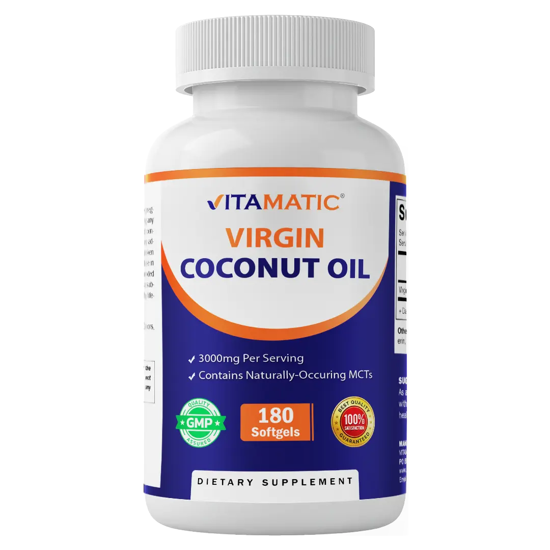 Vitamatic Edible Virgin Coconut Oil Capsules - All Natural Vitamins Supplement, 3000 mg Per Serving, 60 Servings, 180 Count, Non-GMO, Gluten-Free, Natural MCTs, Dietary Self Care Products
