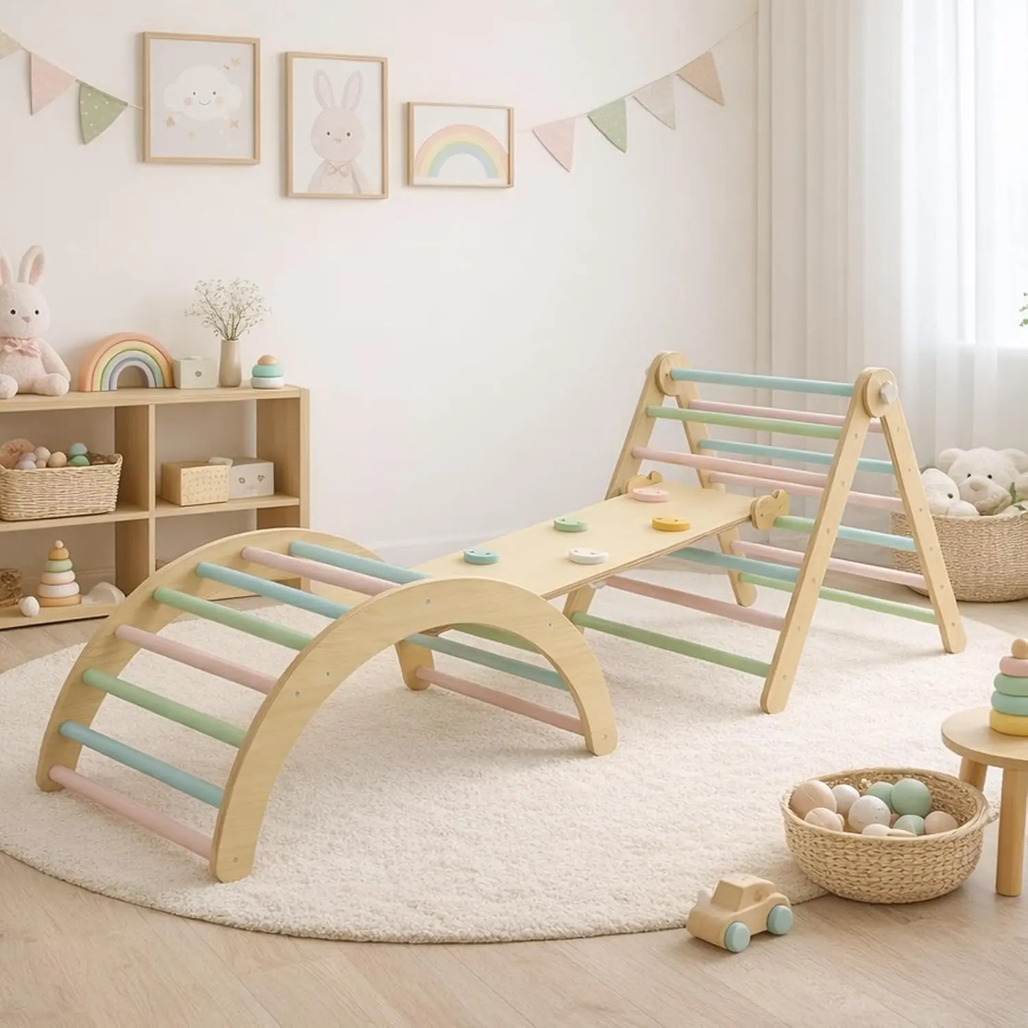 7-in-1 Wooden Pikler Triangle Set, Foldable Rainbow Montessori Indoor Playground & Toddler Climbing Gym