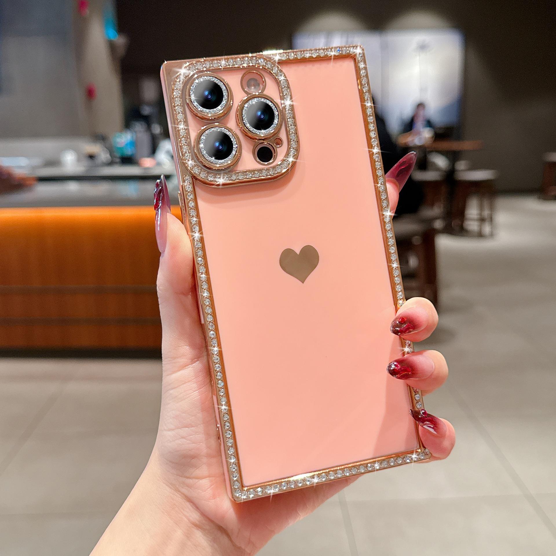 Luxury Rhinestone Square Edge Phone Case, Bling Diamond Full Camera Protection Shockproof Cover with Heart Design for IP 16 Pro max, 15 plus, 14, 13 junk