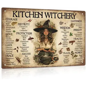 " Kitchen Witchery" Vintage Metal Sign  Retro Witch Herb Wall Art for Rustic Kitchen, Coffee Bar, Pagan Wicca Home Decoration Sign Art 8x12 Inch