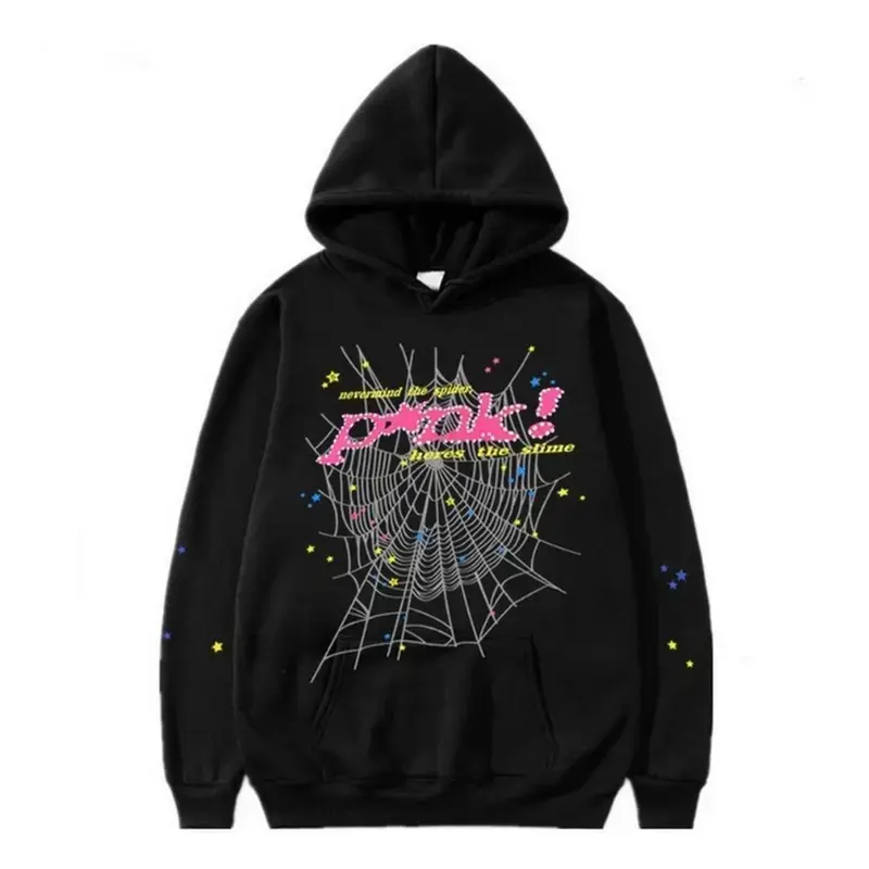 Unisex Y2K Spider Web Rhinestone Letter Hoodie, Men Women Vintage Gothic Streetwear Oversize Pullover Sweatshirt, Pink Star Graphic Casual Hoodie Top Fashion Menswear