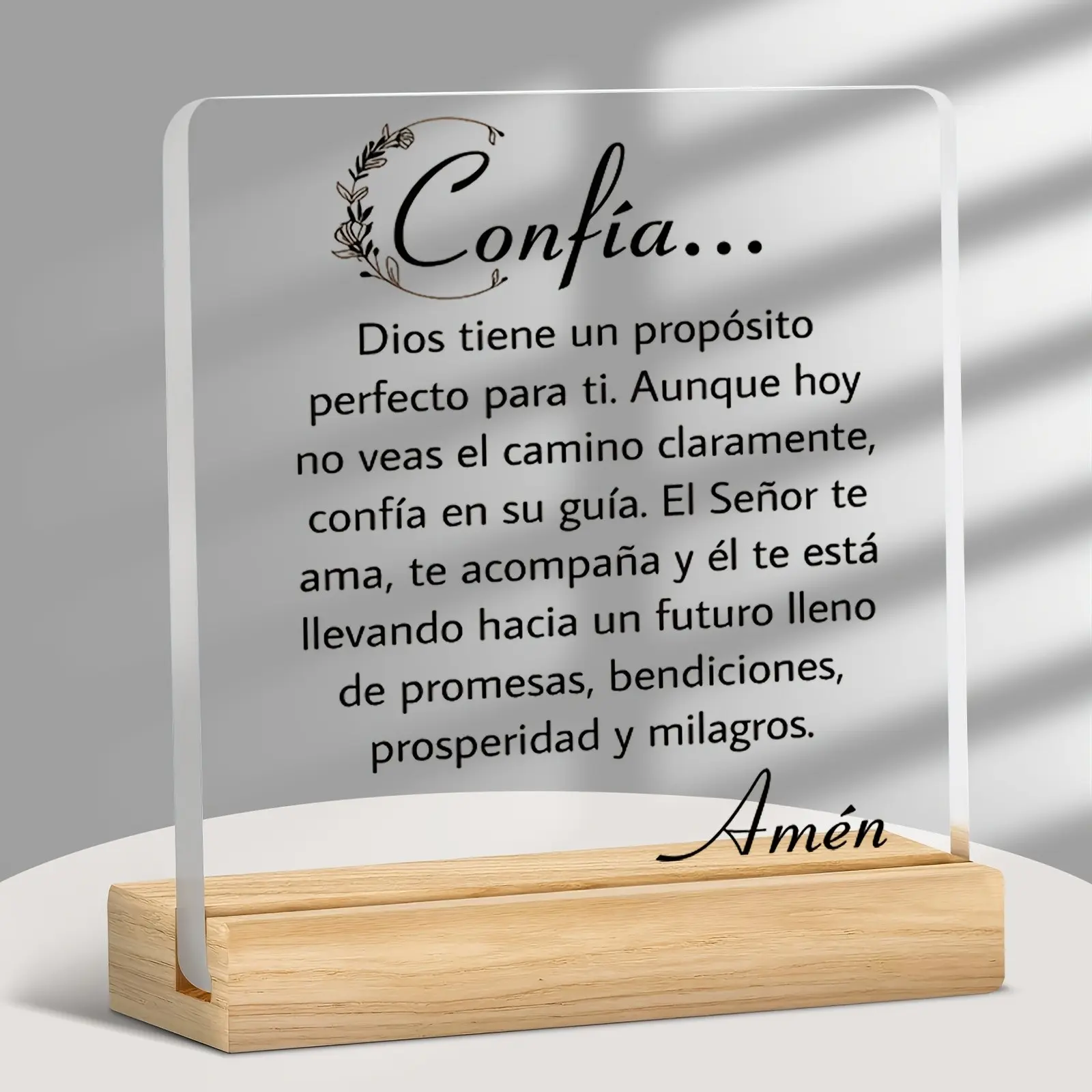 Acrylic Desktop Decor Sign with Base, Decorative Plaque, Spanish Religious Motivational Text, Elegant Floral Design, Perfect for Faithful Believers, Ideal Birthday Gift, Acrylic Desktop Decoration
