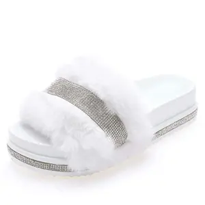 Fuzzy White Slides with Rhinestone Accents for Women Comfortable Open Toe Sandals Soft Fur Lining Slipper Girl Flipflop