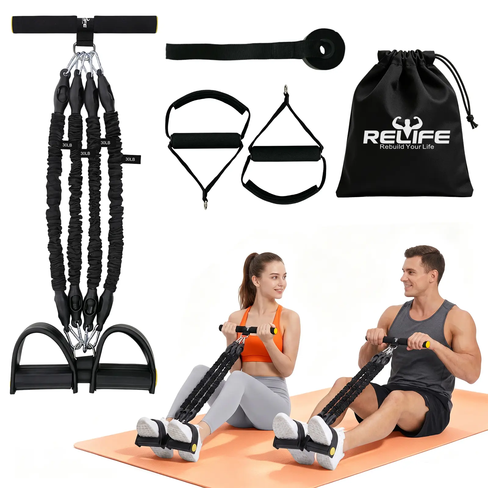 RELIFESPORTS Upgraded body training Adjustable Pedal Resistance Band Set - Natural Latex Elastic Pull Rope, Exercise Fitness Equipment, Home Workout Gear, Muscle Training Tool, Portable Leg Exercise Accessory for Pilates, Yoga, Ideal Fitness Gift