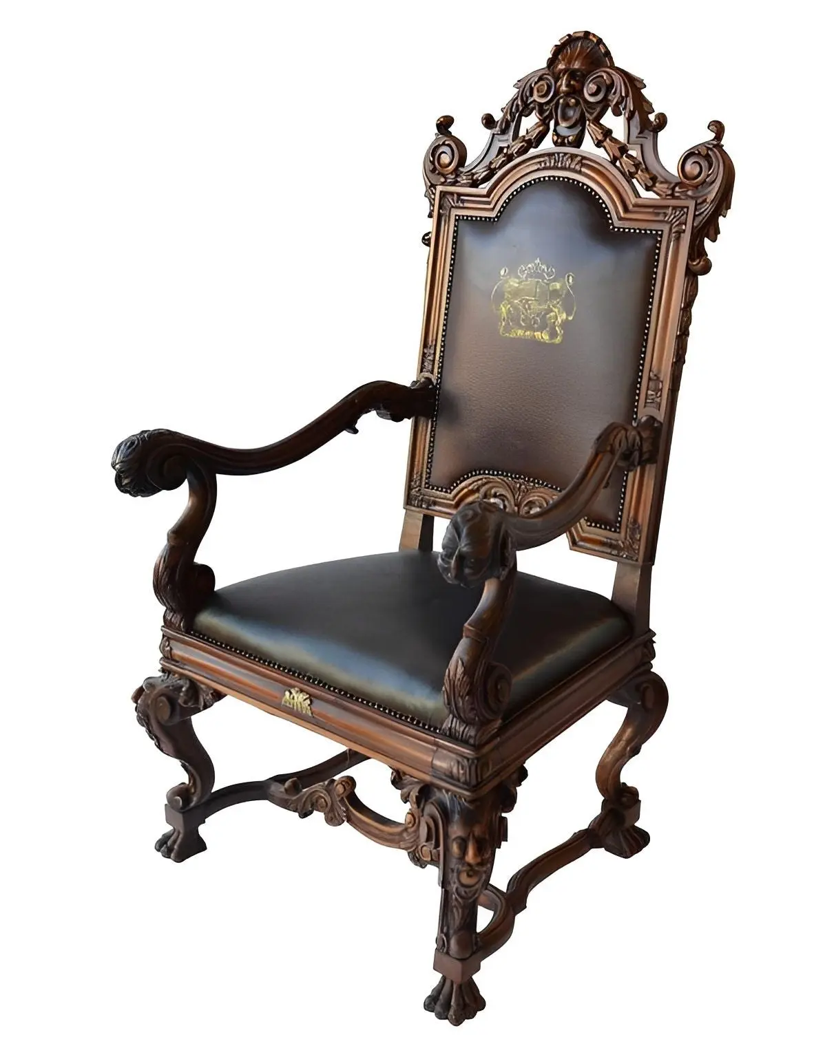 Mid-19th Century Italian Baroque Style Walnut & Leather Throne Chair