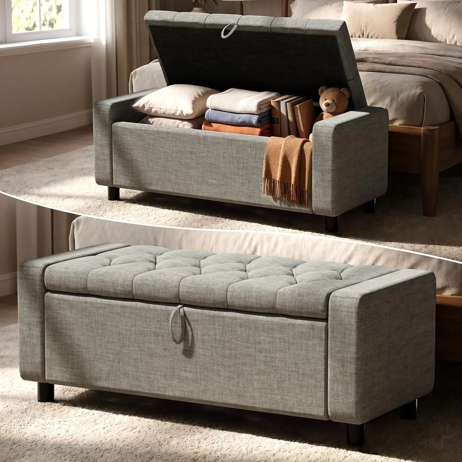 46" Storage Ottoman Bench, Linen Tufted Large Storage Bench with Handles & Soft-Close Hinged Lid for Blankets and Toys, Load 350 lbs, End of Bed Bench for Bedroom, Nursery & Entryway