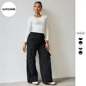 KatchMe Women's Casual Solid Color Long Sleeve Top & Wide Leg Cargo Pants Co-ord, Lady Two-Piece Outfit for Womenswear, Slouchy Holiday Outfit（CN）