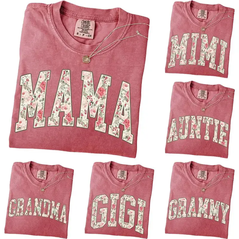 Personalized Preppy Floral Mama T-Shirt, Custom Retro Pink Roses Grandma Shirt, Comfort Colors Nana Gigi Mimi Grammy Lala Mother's Day Tee, Crimson - DarkFlex