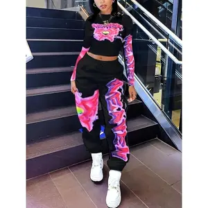 Women’s heart-shaped letter print long-sleeve top and sports pants two-piece set, casual style