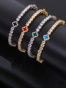 Elegant Four-Leaf Clover Zircon Tennis Bracelet, Customizable Hip-Hop Style, High-Quality Women's Jewelry Accessory, Elegant Bangle