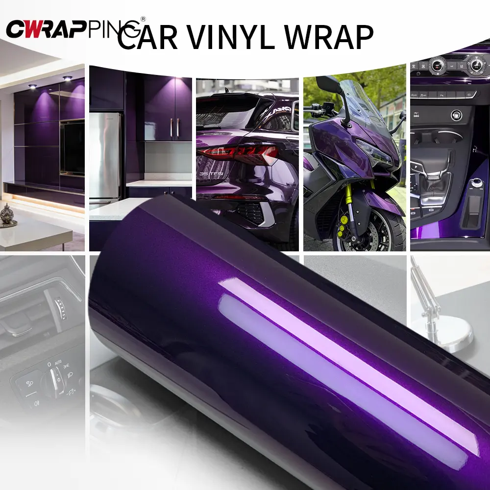 Car Adhesive Vinyl Wrap Waterproof Glossy Car Wrapping Film Shiny Metal Midnight Purple Motorcycle Helmets Self-adhesive PET