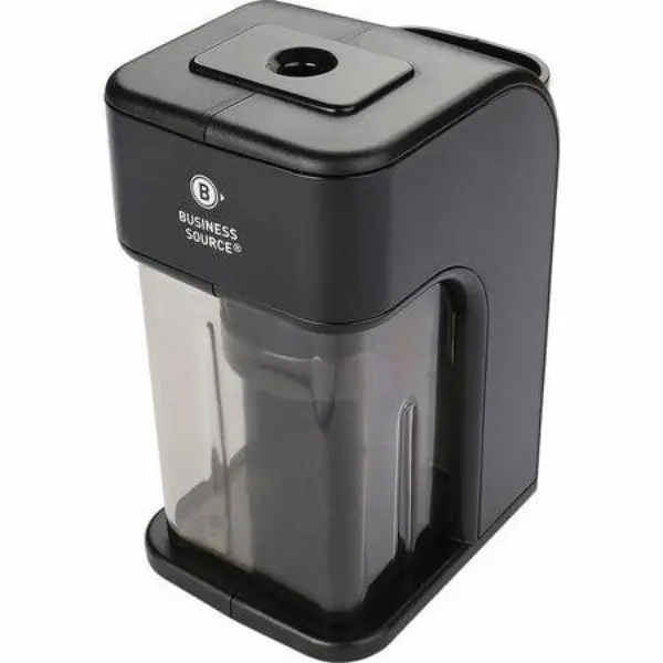 Business Source BSN84200 Electric Pencil Sharpener - Black, Built-in Pen Holder, Large, Mess-Free Disposal, Steel Helical Cutter for Writing & Correction Tools