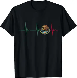 Mexico Heartbeat EKG Pulse Mexican Pride Emblem Mexico Flag Casual Short sleeve Cotton T-Shirt