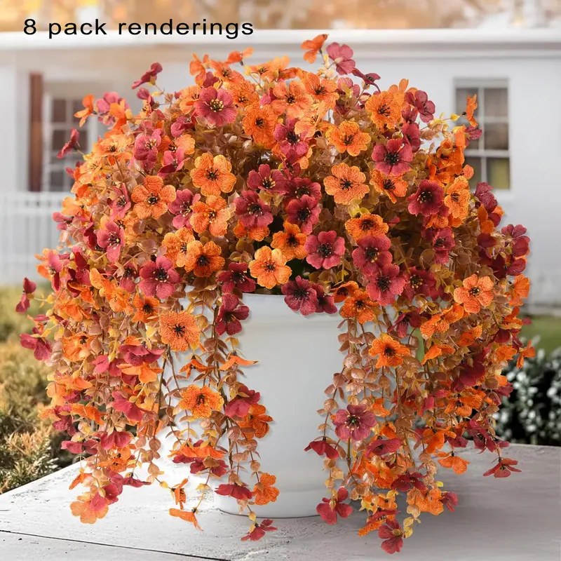 8 Pack Artificial Hanging Plants, UV Resistant Silk Violet Flowers with Eucalyptus Leaves, Outdoor Garden Decor, Floral Decoration, Realistic Faux Plants, Decorative Fake Flower, Artificial Flower Set, Artificial Floral Plant