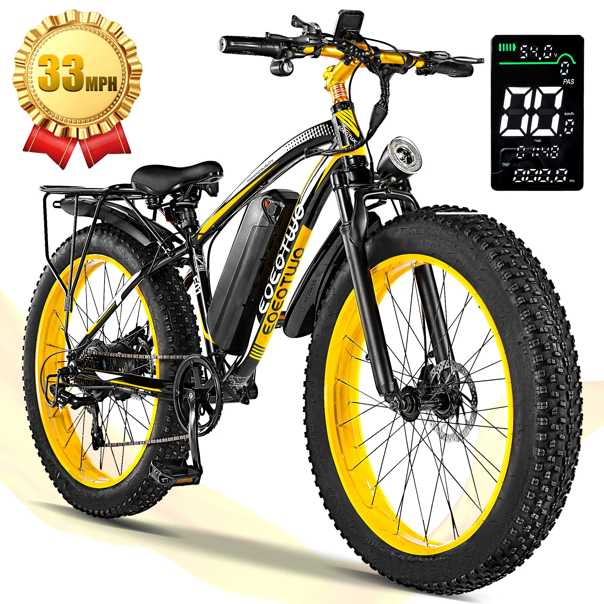 EOEOTWO E01 1500W Peak Brushless Motor Fat Tire Electric Bike 48V 15Ah Battery 26×4.0 Off-Road Ebike with 7-Speed Gear, 34MPH,Dual Disc Brakes, LED Display & Suspension for Adults