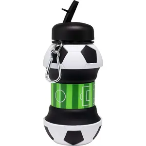 Maccabi Art Collapsible Silicone Soccer Ball Water Bottle for Kids, 18 oz BPA-Free with Clip, Leak-Proof Spout, Portable Sports Drink Bottle