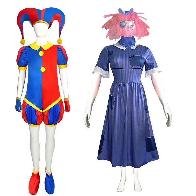 Pomni & Ragatha Cosplay Costume, Unisex Digital Circus Clown Look Full Outfit with Accessories in Soft Fabric for Halloween Carnival, Multi-Size, Clothes, Silk, Footrest