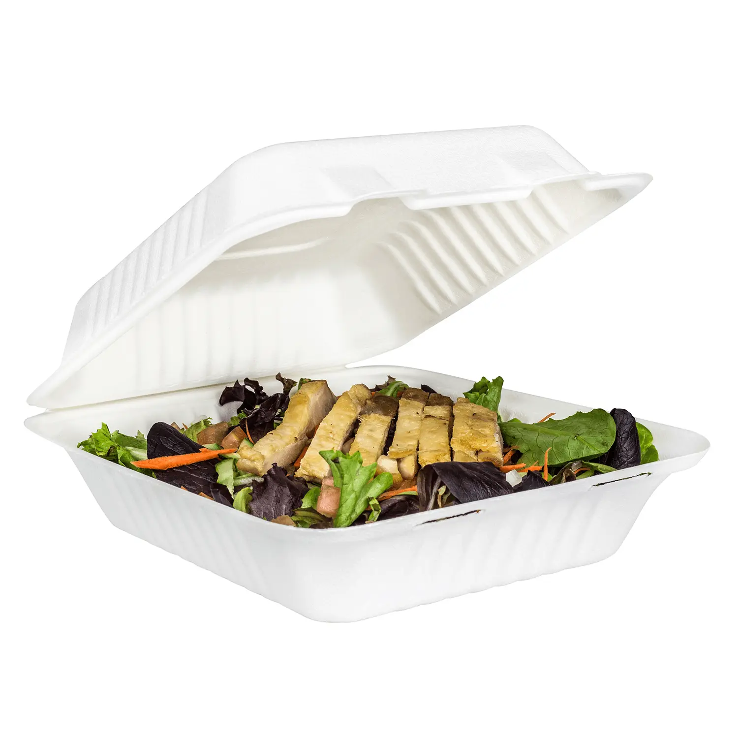 Karat Earth 8''x8'' PFAS Free Compostable Bagasse Hinged Containers, White - 200 pcs Karat Earth 8''x8'' PFAS Free Compostable Bagasse Hinged Containers, White - 200 pcs